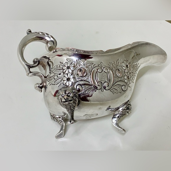 Early 20th Century Vtg Ornate Lion Head Silver Plated Copper Footed Gravy Boat - Picture 13 of 16
